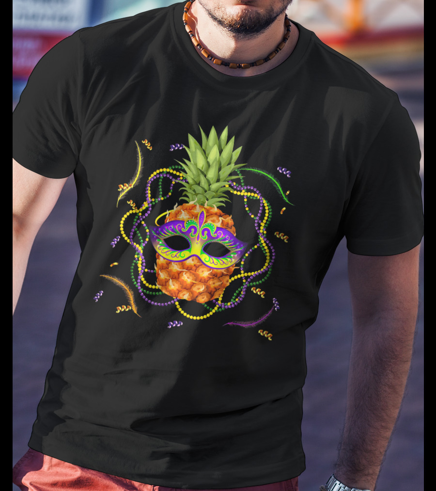 Pineapple Mardi Gras Funny Mask Beads Feathers T-Shirt