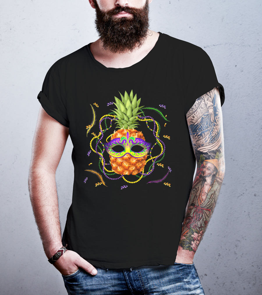 Pineapple Mardi Gras Funny Mask Beads Feathers T-Shirt
