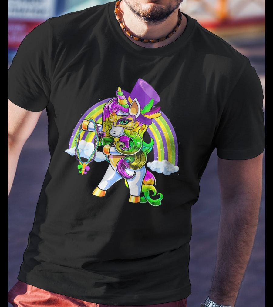 Flossing Unicorn In Top Hat With Rainbow And Mardi Gras Elements T-Shirt