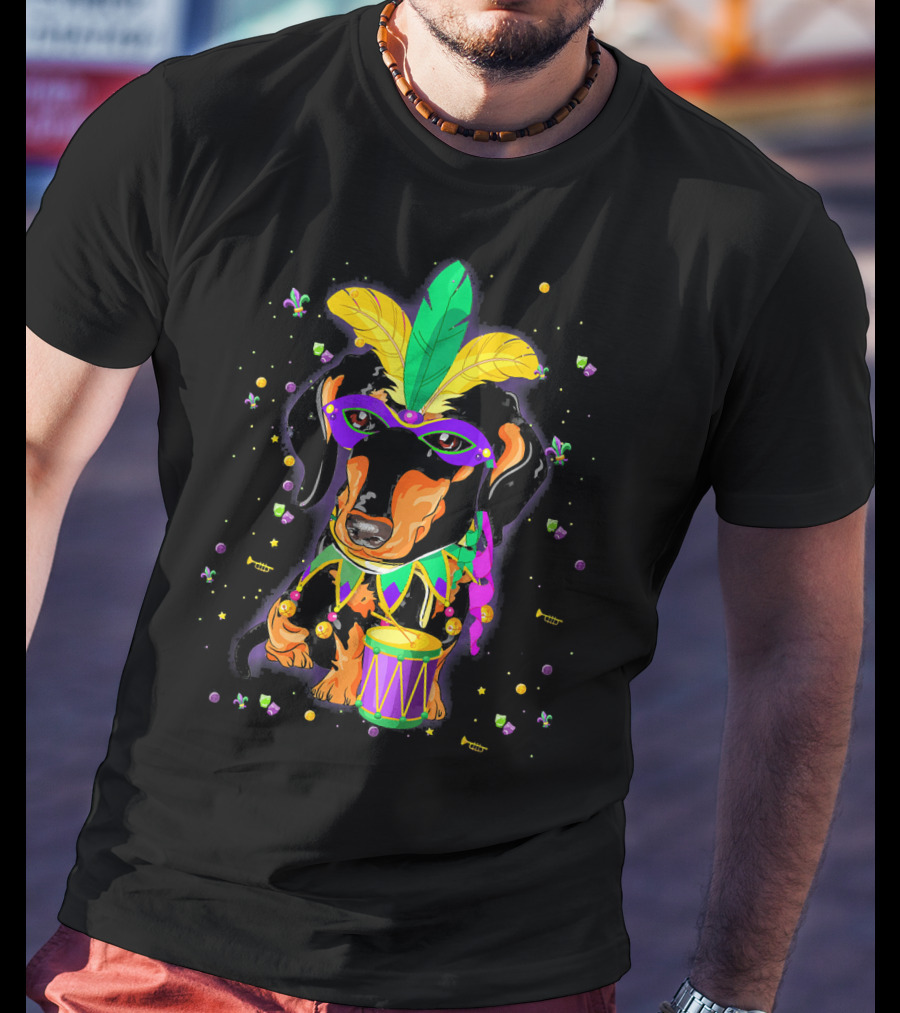 Cute Dachshund In Mardi Gras Mask With Drum And Feathers T-Shirt