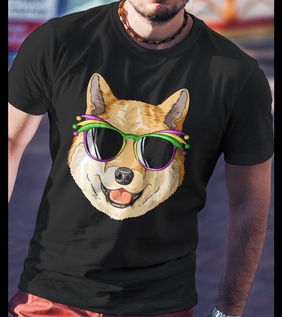 Shiba Inu In Mardi Gras Carnival Mask With Festive Sunglasses T-Shirt
