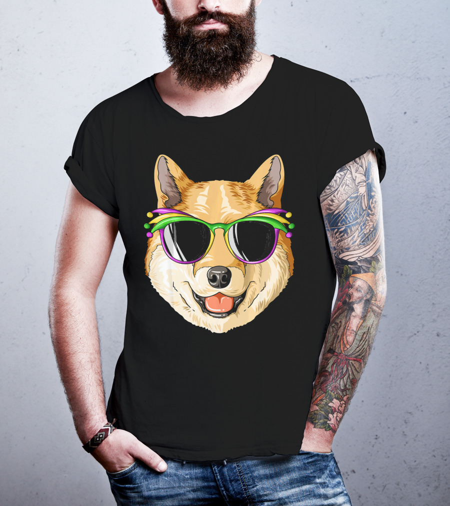 Shiba Inu In Mardi Gras Carnival Mask With Festive Sunglasses T-Shirt