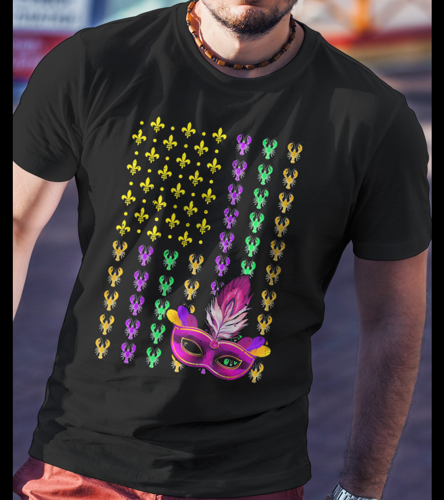 Crawfish Fleur-de-Lis Mardi Gras Mask American Flag T-Shirt