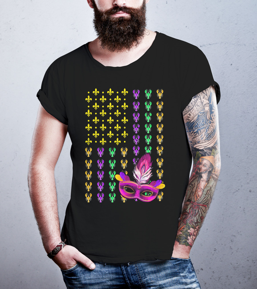 Crawfish Fleur-de-Lis Mardi Gras Mask American Flag T-Shirt