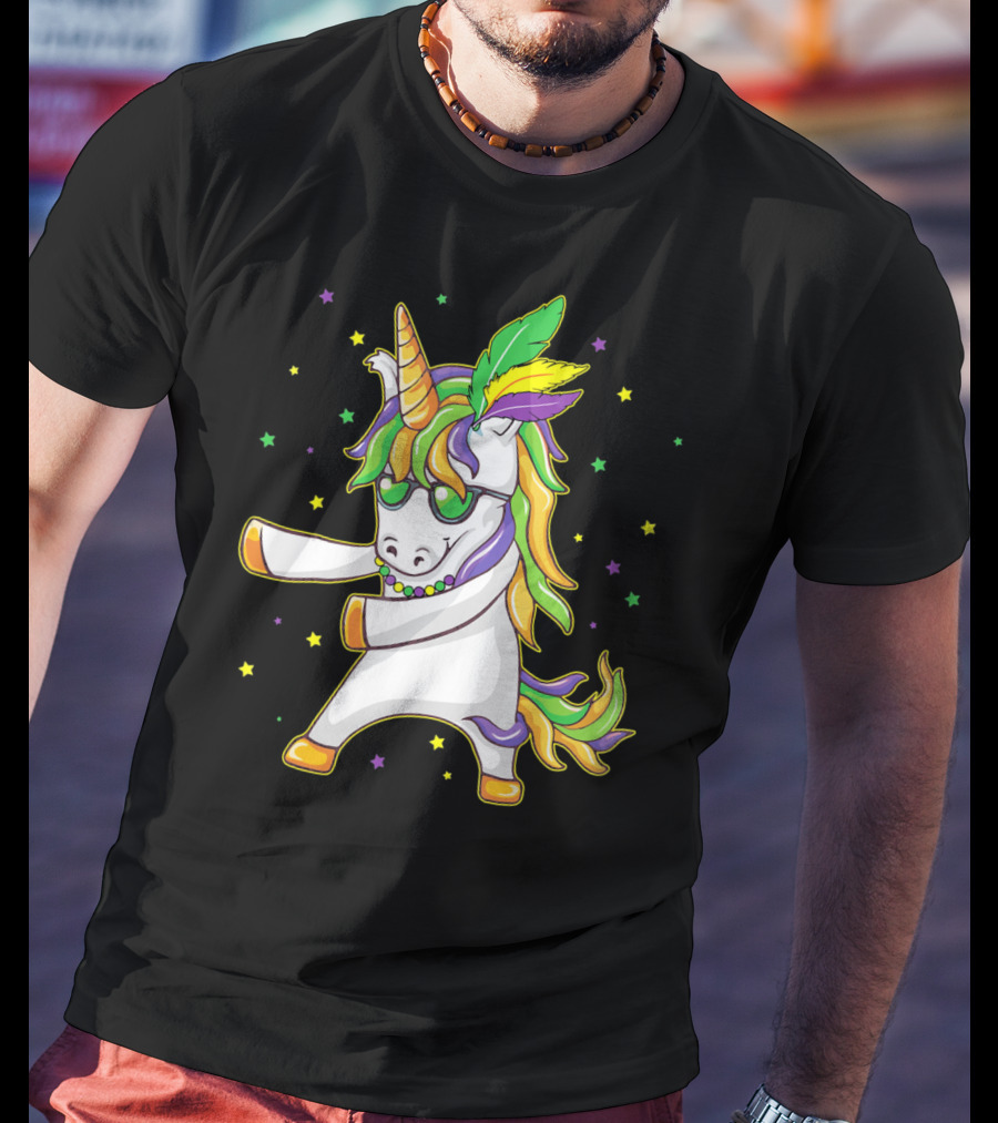 Mardi Gras Unicorn Dabbing And Flossing Colorful Festive Dance T-Shirt