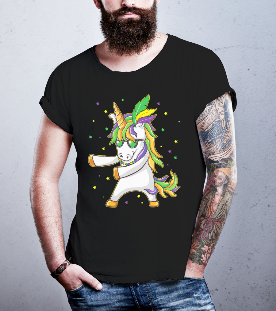Mardi Gras Unicorn Dabbing And Flossing Colorful Festive Dance T-Shirt