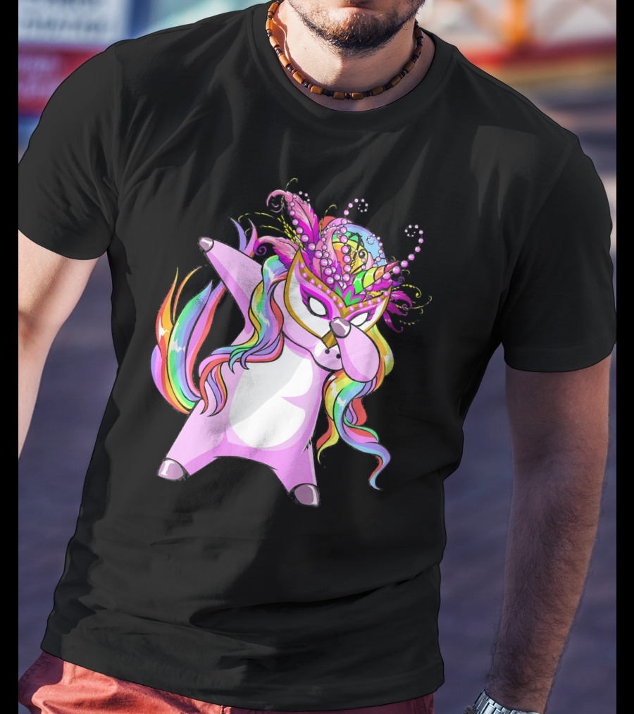 Dabbing Mardi Gras Masked Unicorn With Colorful Mane T-Shirt