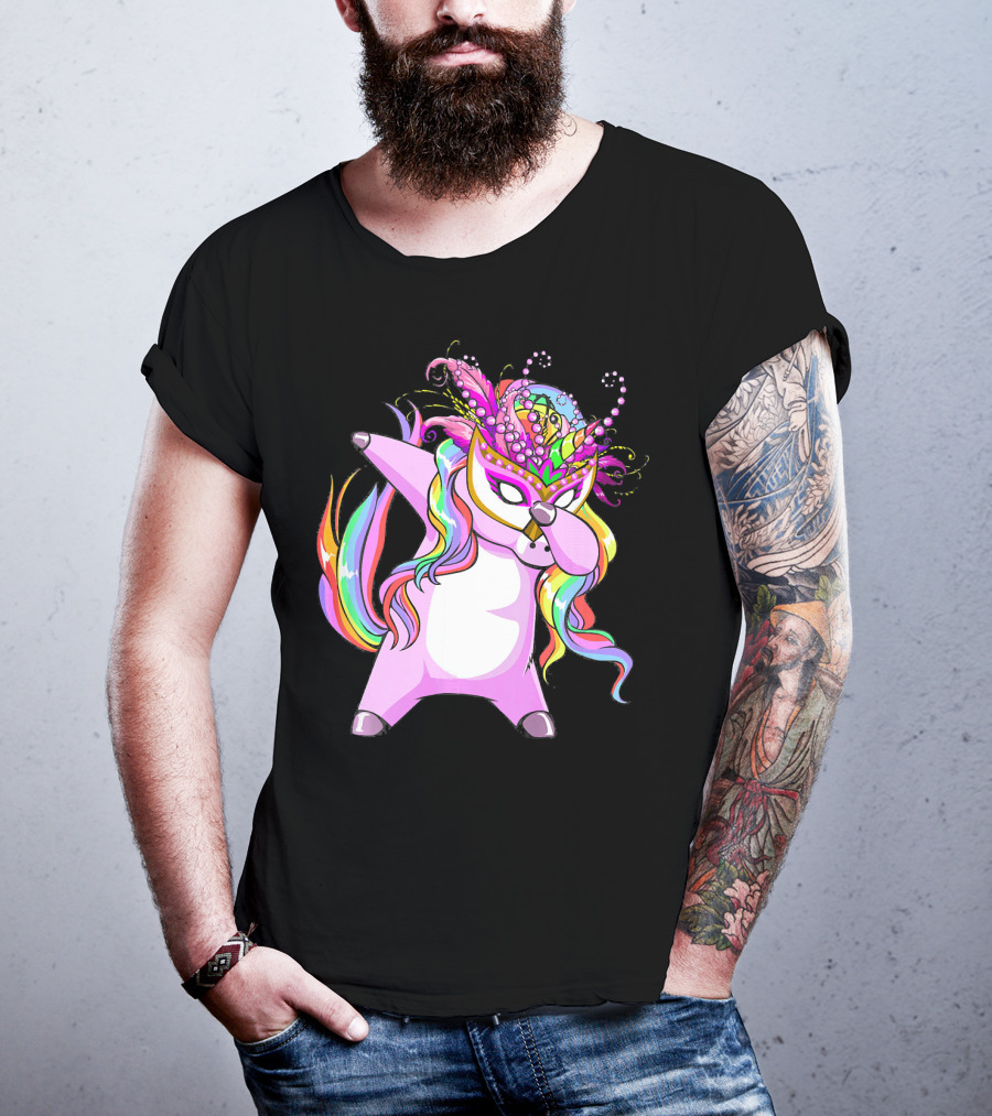 Dabbing Mardi Gras Masked Unicorn With Colorful Mane T-Shirt