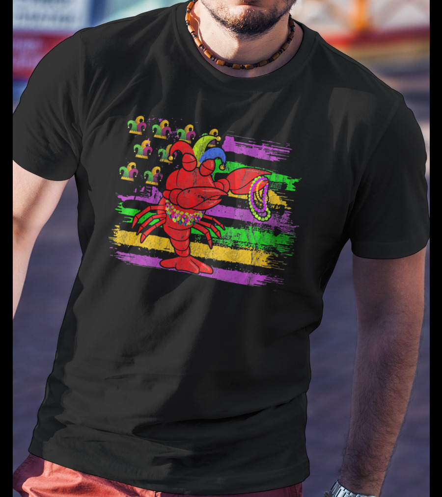 Lobster With Beads And Jester Hats On Mardi Gras Flag Background T-Shirt