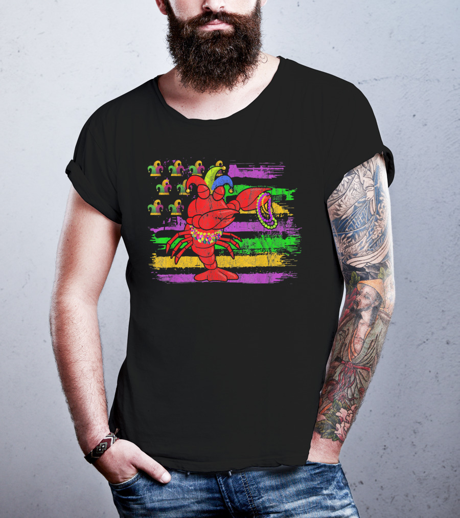 Lobster With Beads And Jester Hats On Mardi Gras Flag Background T-Shirt