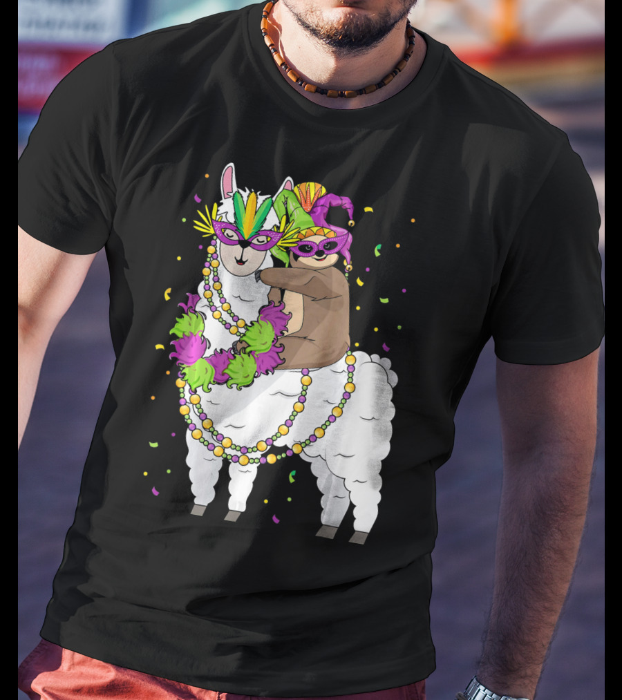 Llama Masked With Beads And Confetti Sloth Mardi Gras T-Shirt