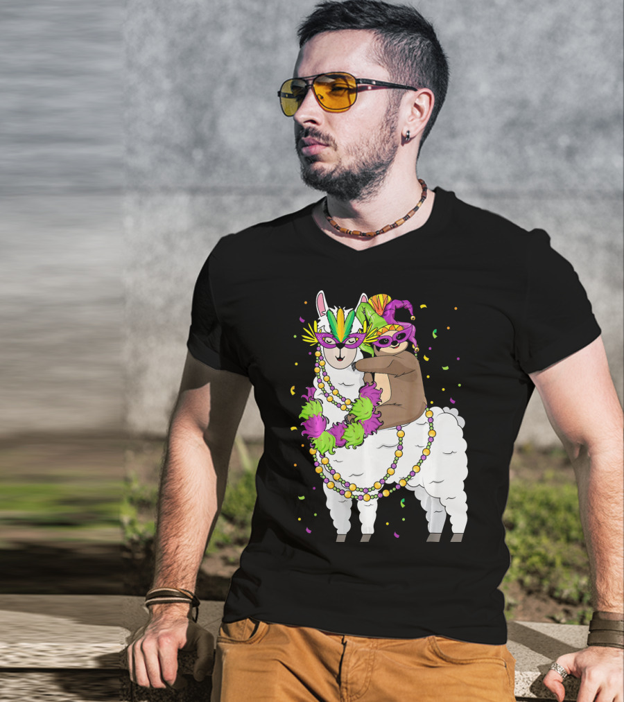 Llama Masked With Beads And Confetti Sloth Mardi Gras T-Shirt