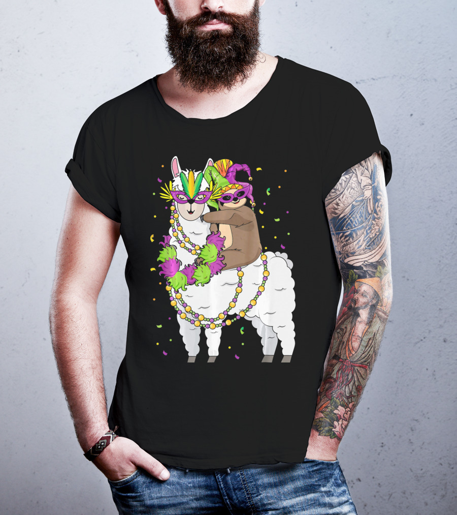 Llama Masked With Beads And Confetti Sloth Mardi Gras T-Shirt
