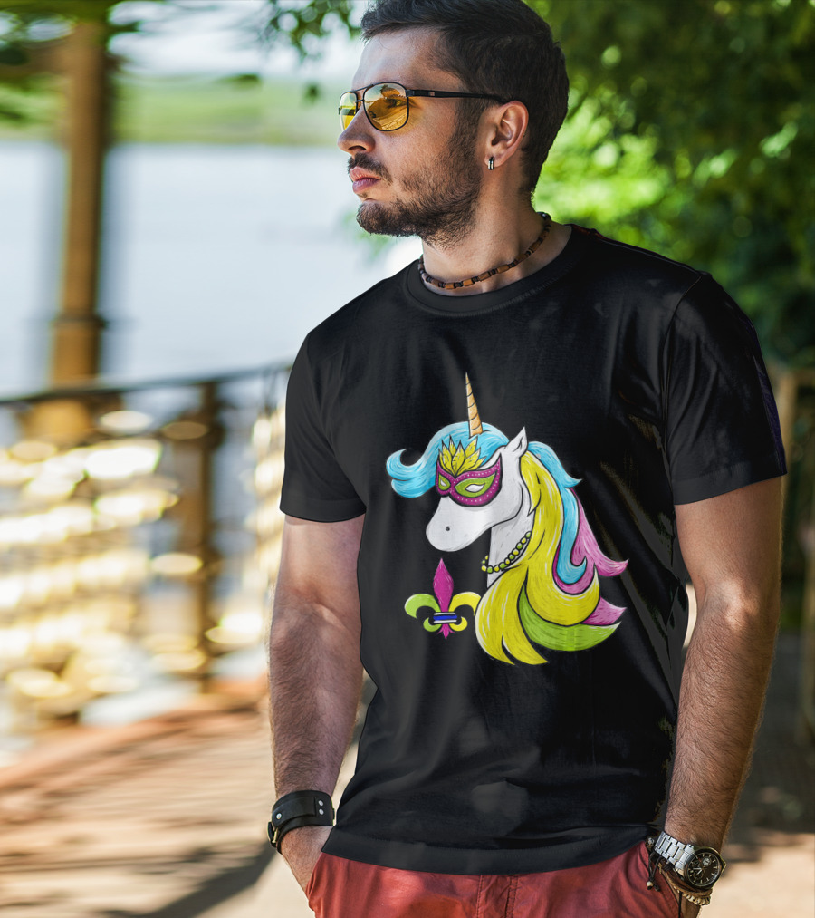 Mardi Gras Unicorn Mask With Fleur-de-Lis And Colorful Hair Fat Tuesday T-Shirt