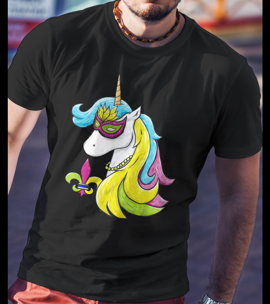 Mardi Gras Unicorn Mask With Fleur-de-Lis And Colorful Hair Fat Tuesday T-Shirt