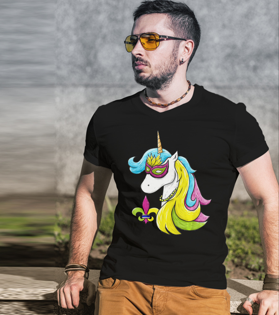 Mardi Gras Unicorn Mask With Fleur-de-Lis And Colorful Hair Fat Tuesday T-Shirt