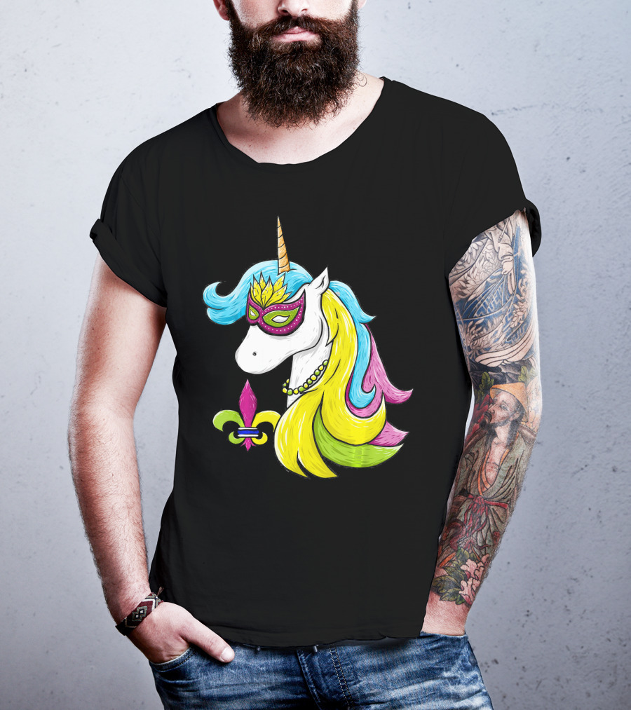 Mardi Gras Unicorn Mask With Fleur-de-Lis And Colorful Hair Fat Tuesday T-Shirt