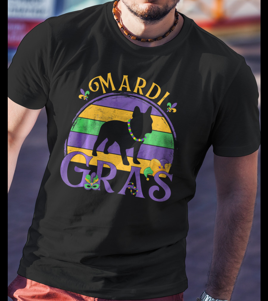 Mardi Gras French Bulldog Beads Festive Celebration Fleur-de-Lis T-Shirt