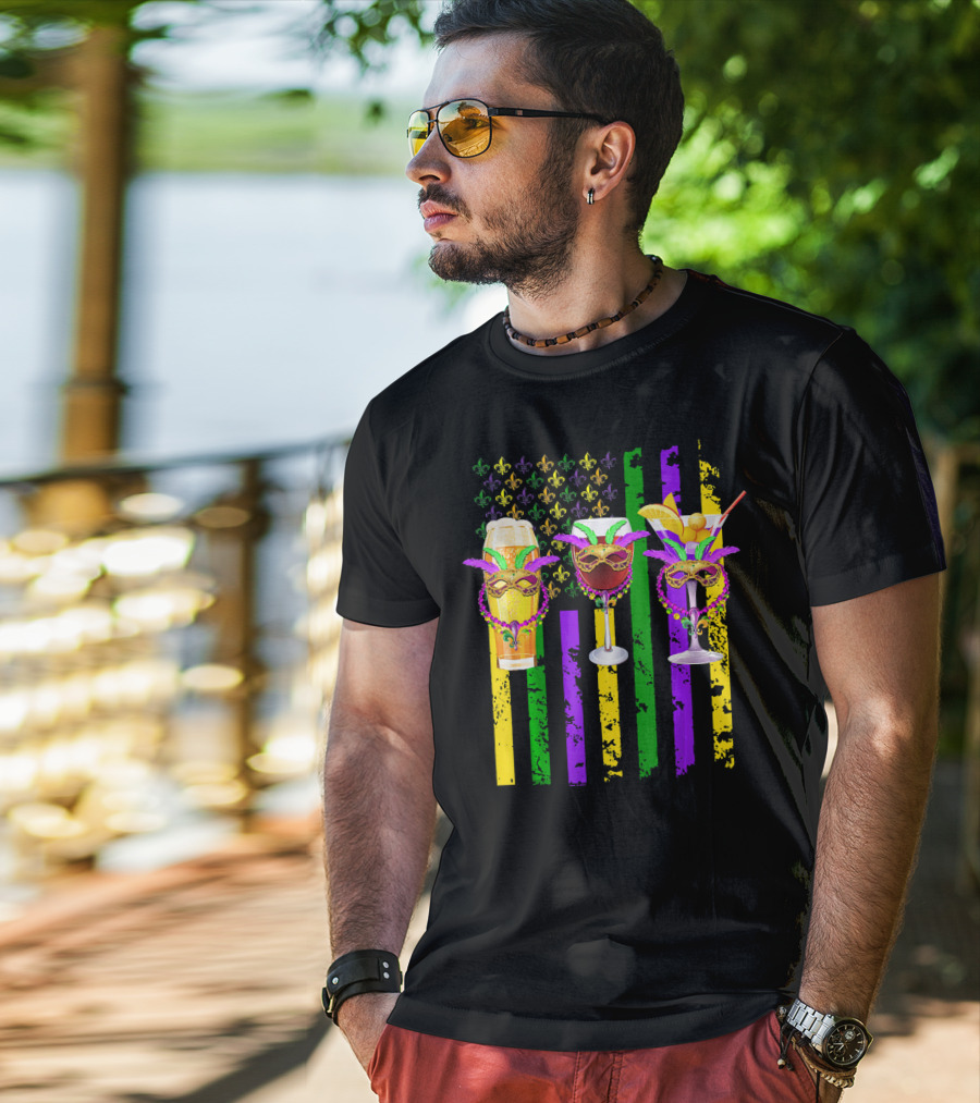 Beer Wine Cocktails With Masks And Beads Fleur-de-Lis Mardi Gras Colors T-Shirt