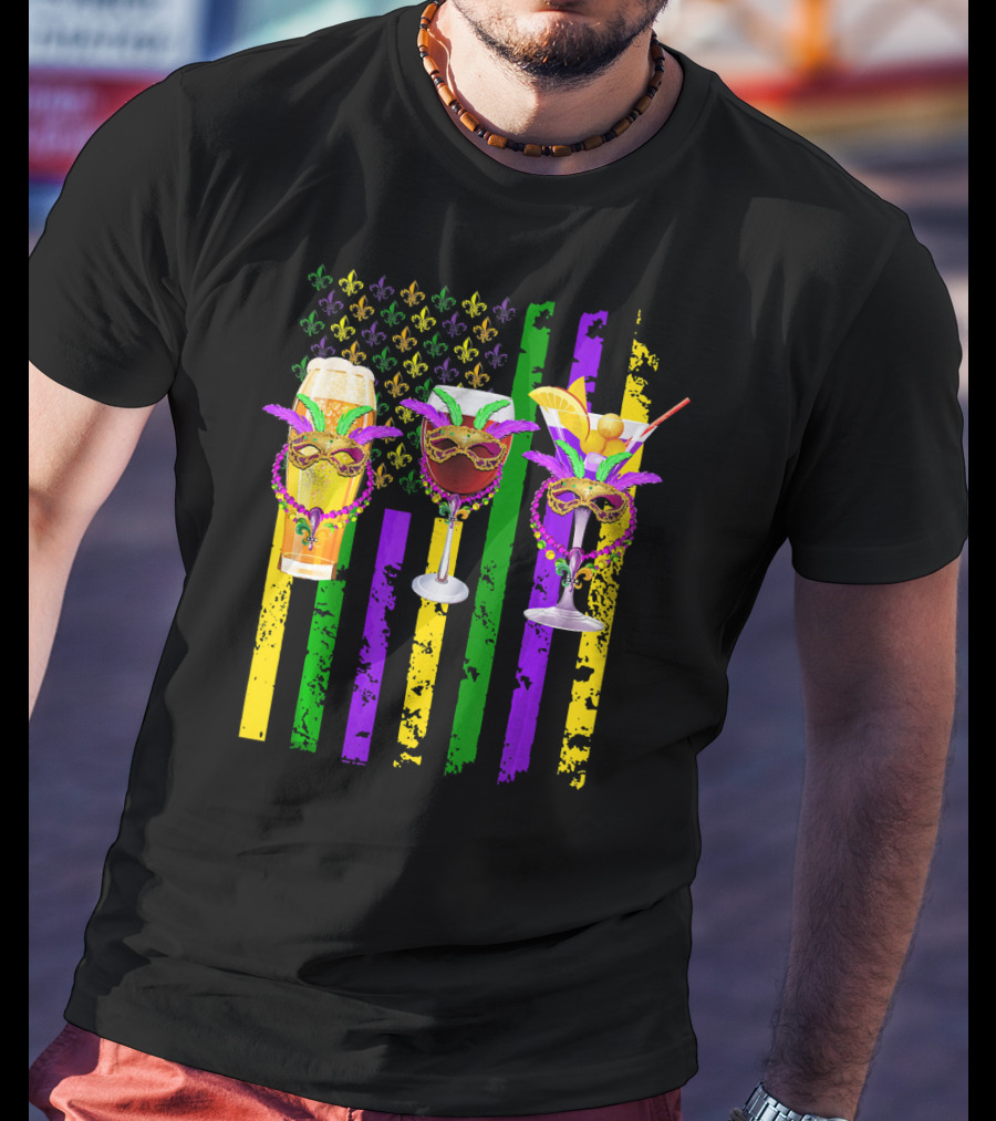 Beer Wine Cocktails With Masks And Beads Fleur-de-Lis Mardi Gras Colors T-Shirt