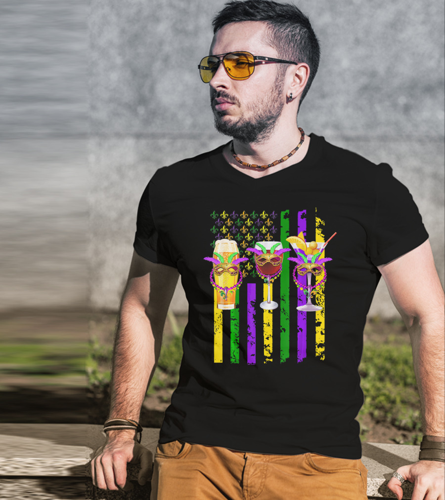 Beer Wine Cocktails With Masks And Beads Fleur-de-Lis Mardi Gras Colors T-Shirt