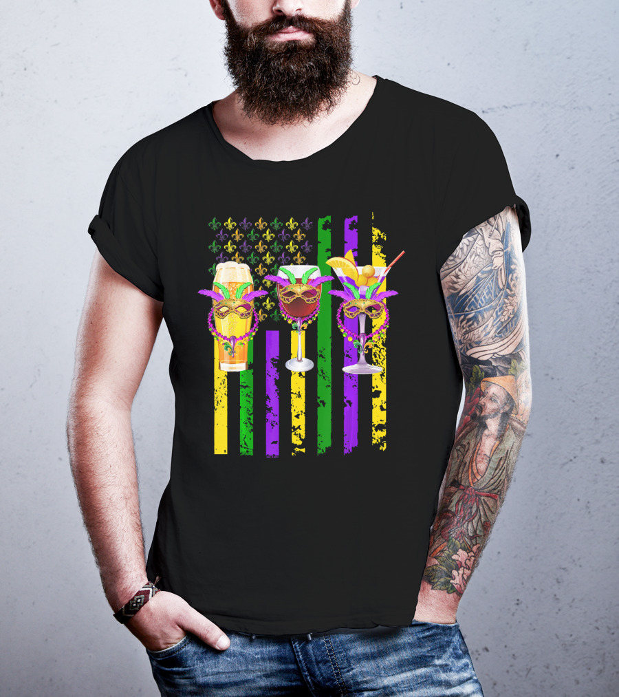 Beer Wine Cocktails With Masks And Beads Fleur-de-Lis Mardi Gras Colors T-Shirt