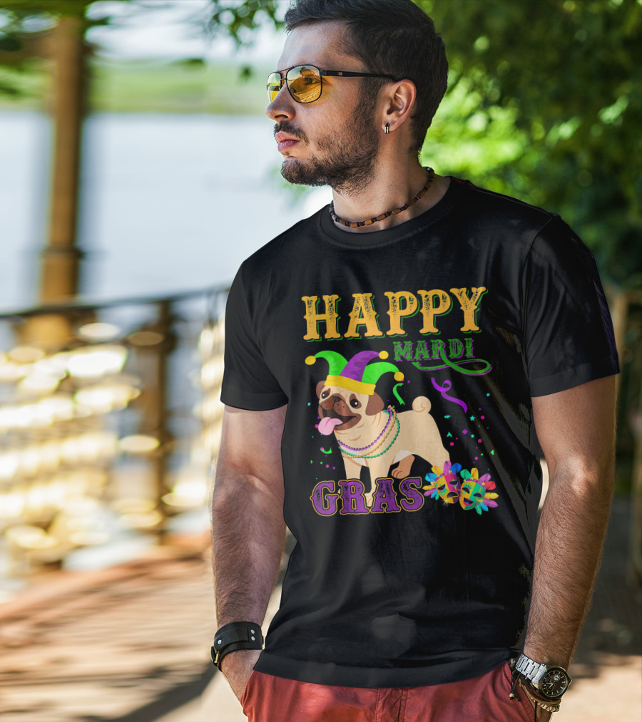 Happy Mardi Gras Pug Dog Costume Party T-Shirt