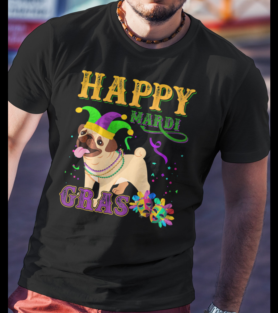 Happy Mardi Gras Pug Dog Costume Party T-Shirt