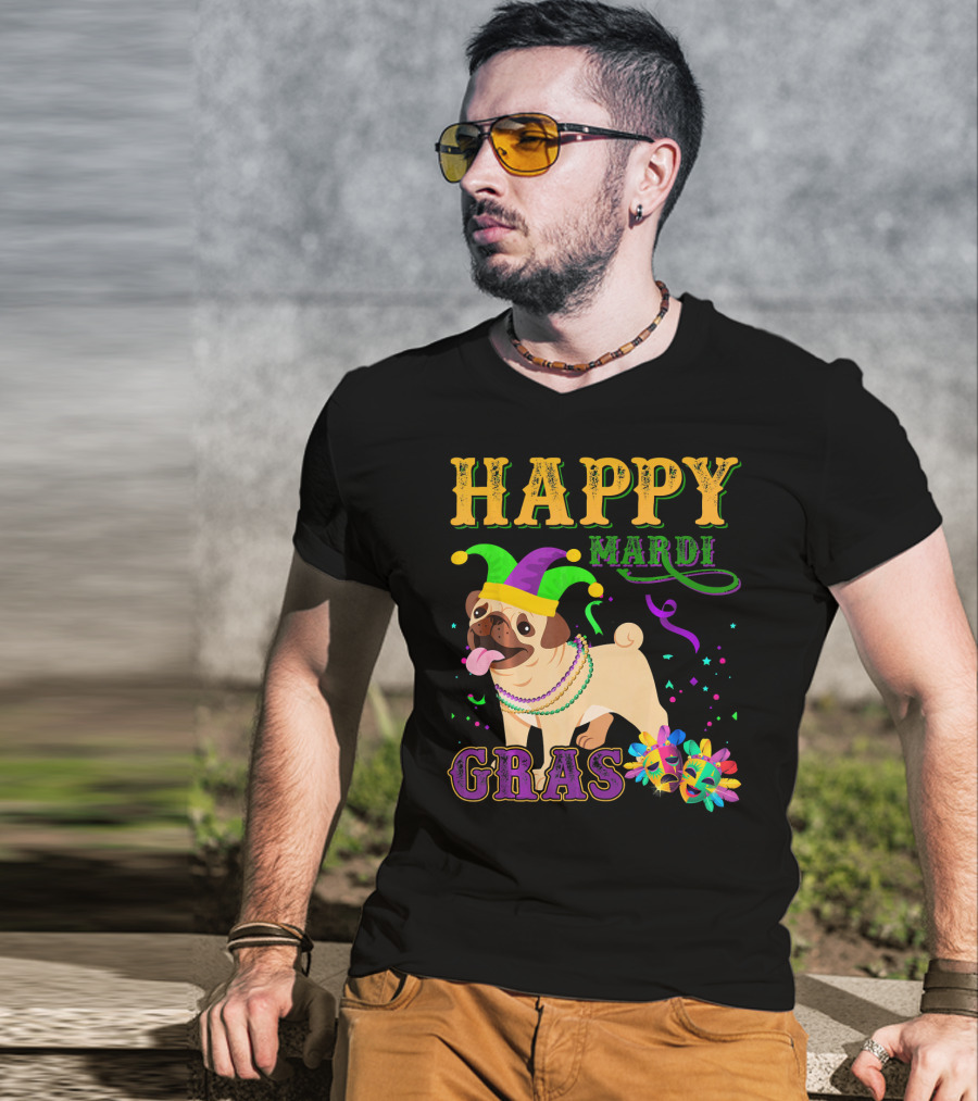 Happy Mardi Gras Pug Dog Costume Party T-Shirt