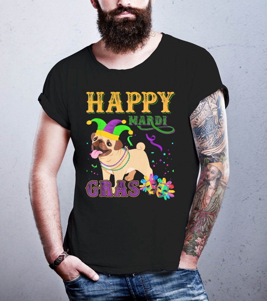 Happy Mardi Gras Pug Dog Costume Party T-Shirt
