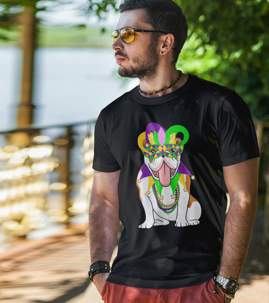 Mardi Gras English Bulldog Mask Beads Costume T-Shirt