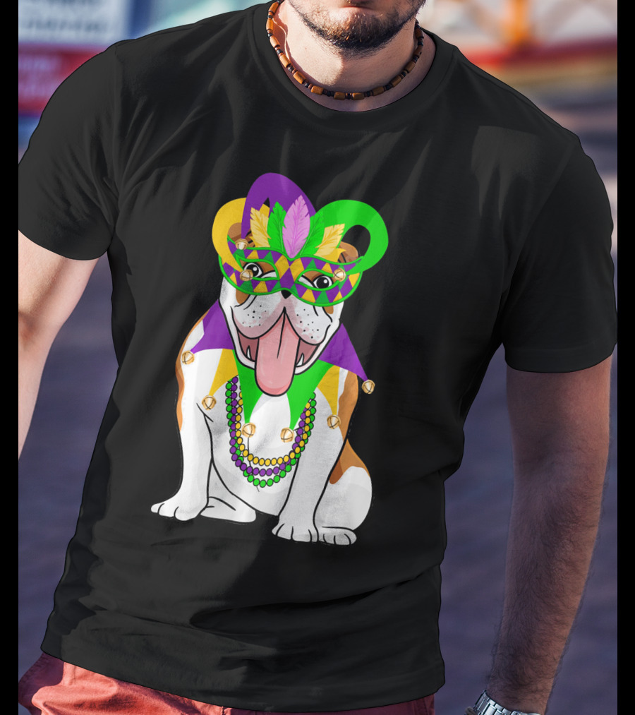Mardi Gras English Bulldog Mask Beads Costume T-Shirt