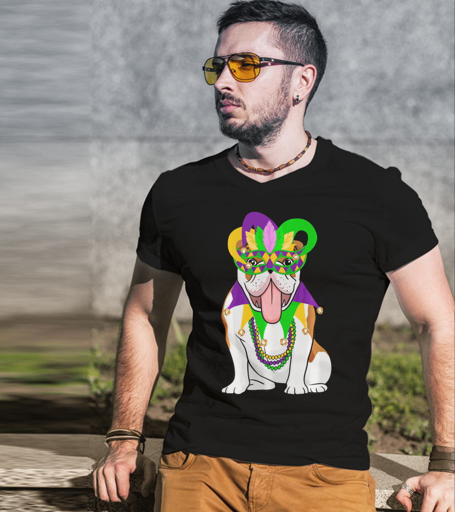 Mardi Gras English Bulldog Mask Beads Costume T-Shirt