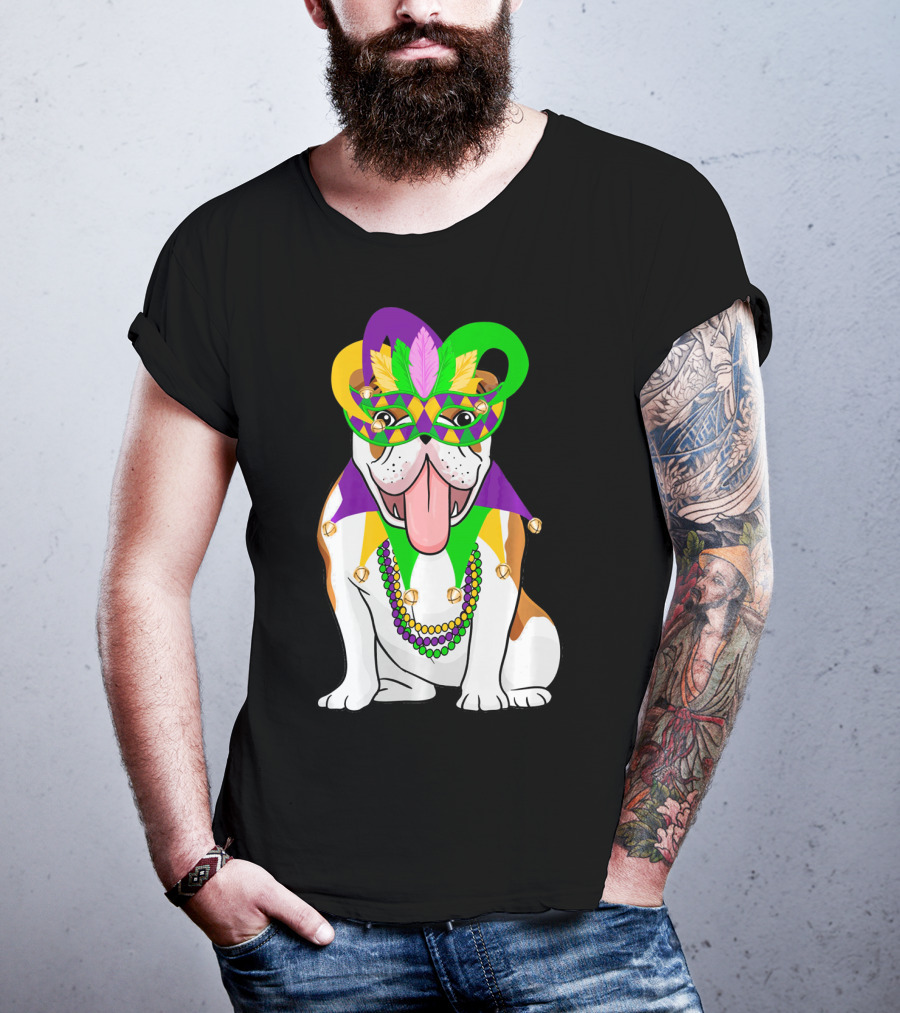 Mardi Gras English Bulldog Mask Beads Costume T-Shirt