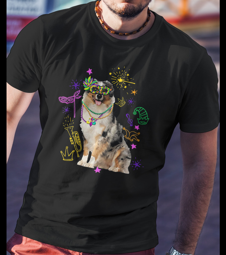 Australian Shepherd Dog With Mardi Gras Beads And Mask T-Shirt