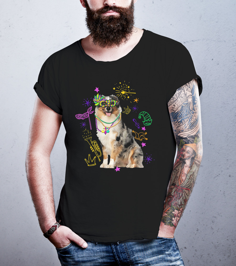 Australian Shepherd Dog With Mardi Gras Beads And Mask T-Shirt