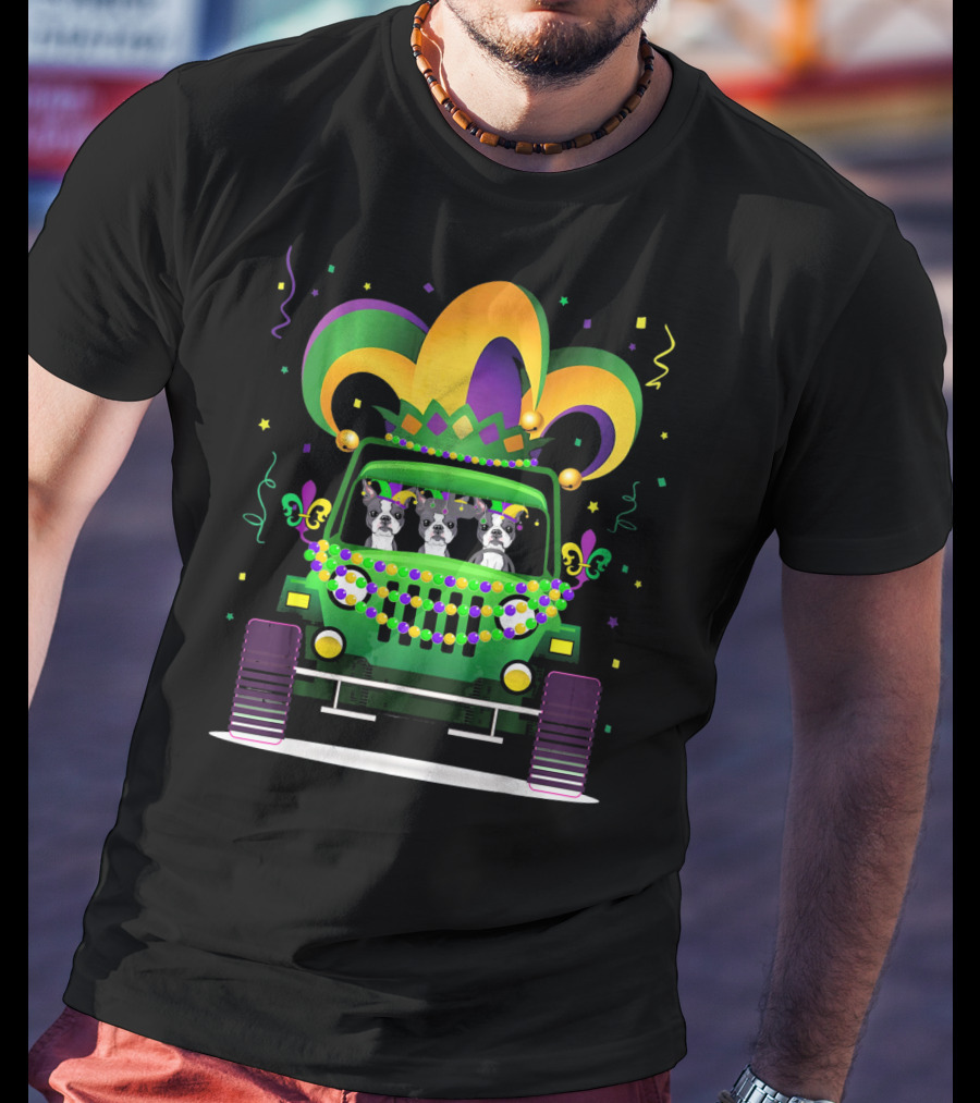 Boston Terrier Jeep Mardi Gras Festive T-Shirt