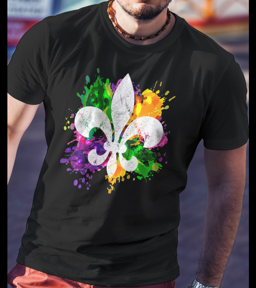 Mardi Gras Fleur De Lis Colorful Splatter Background T-Shirt