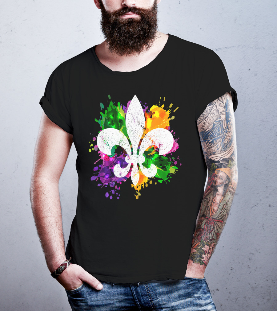 Mardi Gras Fleur De Lis Colorful Splatter Background T-Shirt