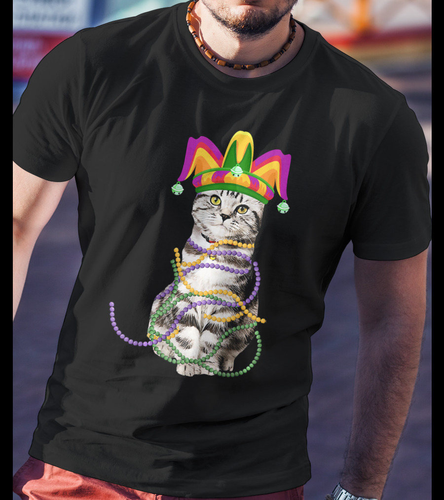 Mardi Gras Cat With Jester Hat And Beads Costume Kitte T-Shirt