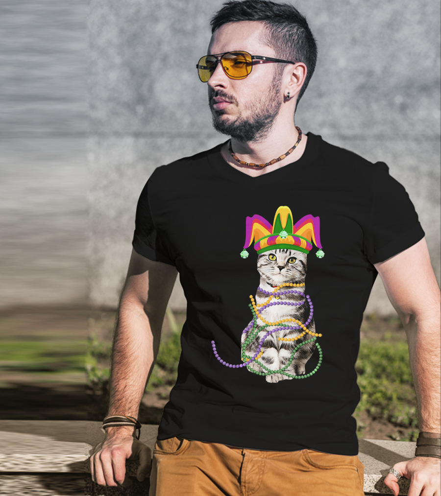 Mardi Gras Cat With Jester Hat And Beads Costume Kitte T-Shirt