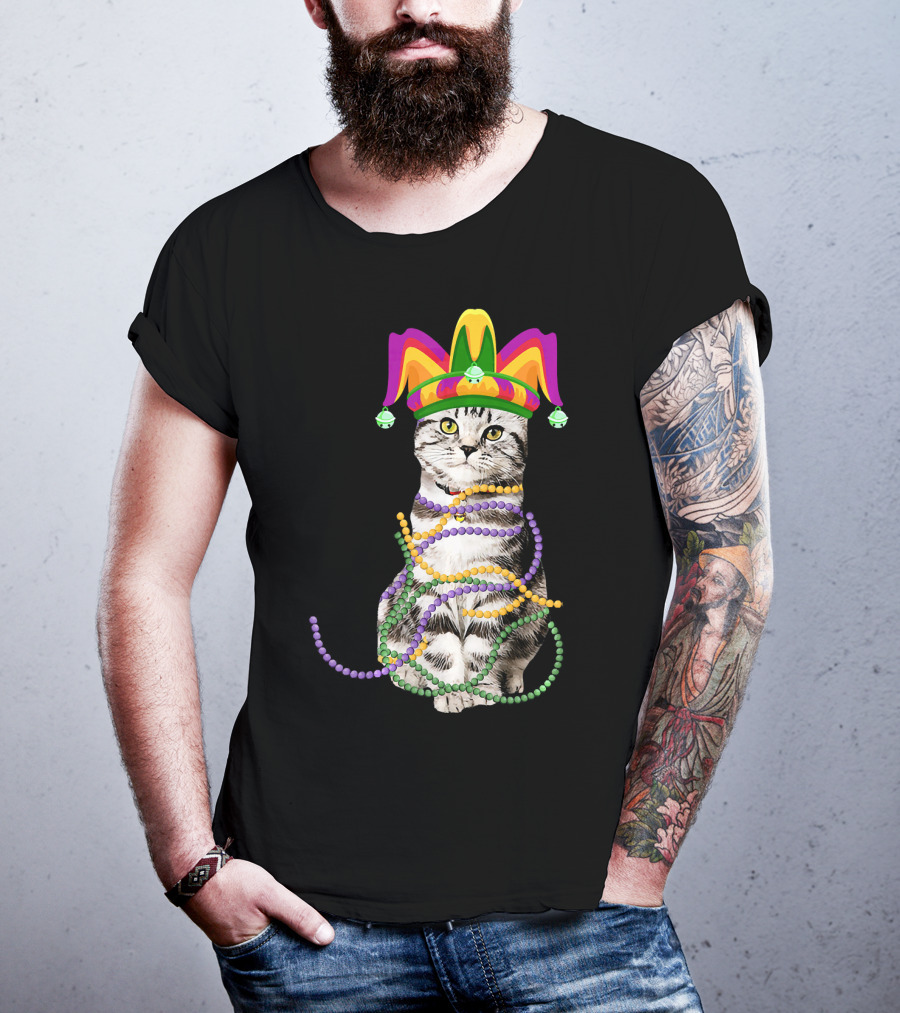 Mardi Gras Cat With Jester Hat And Beads Costume Kitte T-Shirt