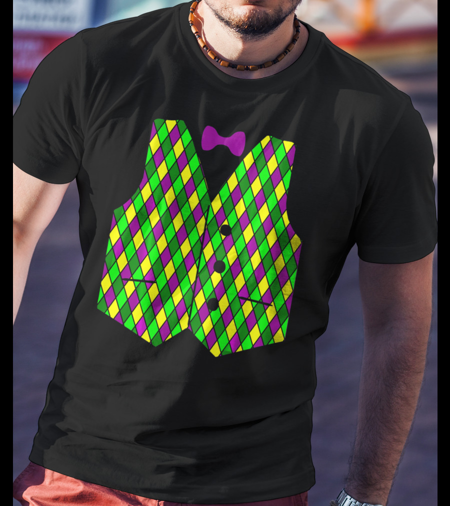 Mardi Gras Vest Harlequin Pattern Diamond Print Bowtie T-Shirt