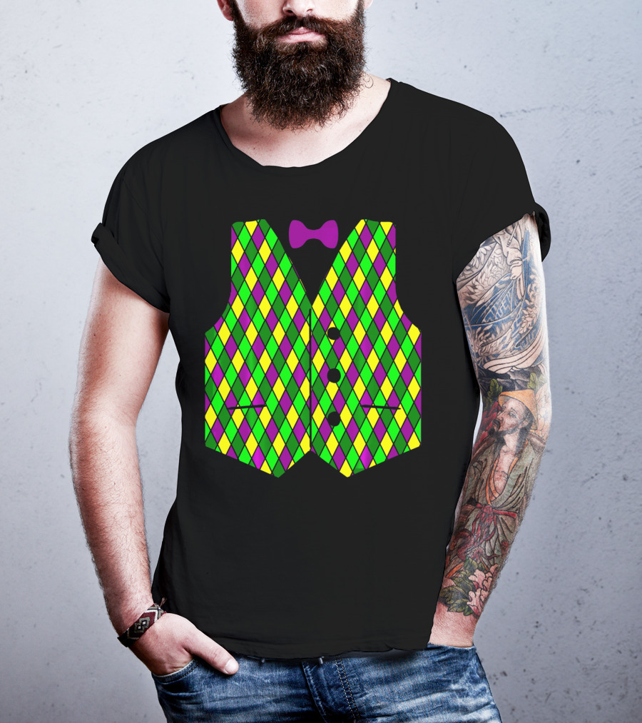 Mardi Gras Vest Harlequin Pattern Diamond Print Bowtie T-Shirt
