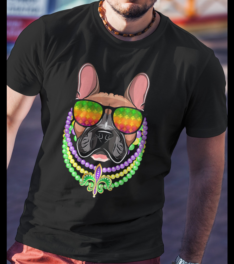 French Bulldog With Beads And Fleur-de-Lis Sunglasses For Mardi Gras T-Shirt
