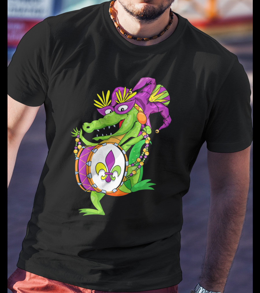 Cute Mardi Gras Alligator Jester Hat Drum Beads Fleur-de-Lis T-Shirt