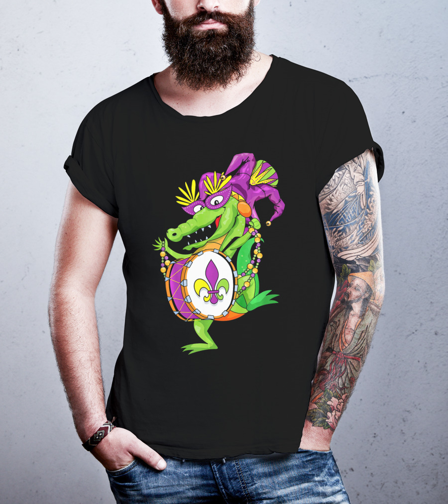 Cute Mardi Gras Alligator Jester Hat Drum Beads Fleur-de-Lis T-Shirt