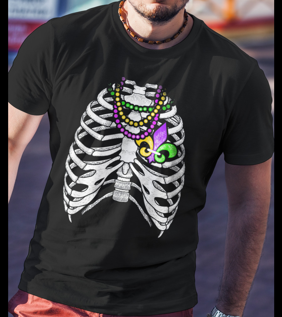 Mardi Gras Beads Skeleton Fleur De Lis Ribcage Heart T-Shirt