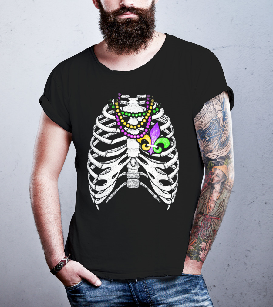 Mardi Gras Beads Skeleton Fleur De Lis Ribcage Heart T-Shirt
