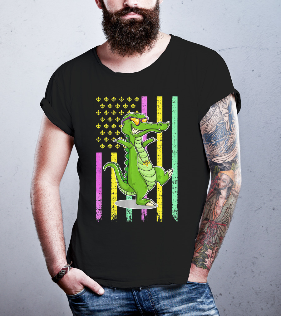 Mardi Gras Alligator With Sunglasses And Flag Background T-Shirt